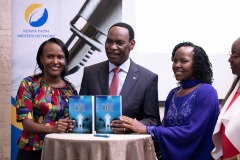 Dr Ezekiel Mutua with authors Jackie Kaimenyi and Rose Kainda.
